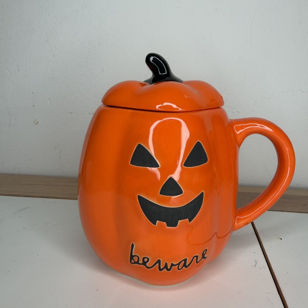 Rae Dunn Pumpkin Jack O’ Lantern Mug with Topper Beware 26oz Halloween Ceramic
